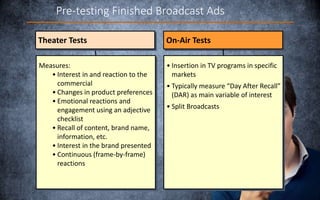 Theater Tests
Measures:
• Interest in and reaction to the
commercial
• Changes in product preferences
• Emotional reactions and
engagement using an adjective
checklist
• Recall of content, brand name,
information, etc.
• Interest in the brand presented
• Continuous (frame-by-frame)
reactions
On-Air Tests
• Insertion in TV programs in specific
markets
• Typically measure “Day After Recall”
(DAR) as main variable of interest
• Split Broadcasts
Theater Tests
Pre-testing Finished Broadcast Ads
 