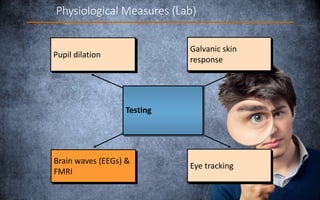 Eye tracking
Pupil dilation
Galvanic skin
response
Brain waves (EEGs) &
FMRI
Eye tracking
Galvanic skin
response
Pupil dilation
Physiological Measures (Lab)
Testing
 