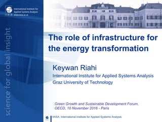 Green Growth and Sustainable Development Forum,
OECD, 10 November 2016 - Paris
The role of infrastructure for
the energy transformation
Keywan Riahi
International Institute for Applied Systems Analysis
Graz University of Technology
 