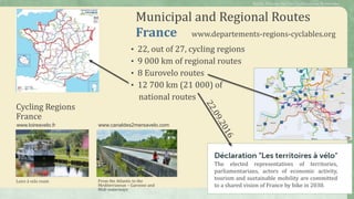 Municipal and Regional Routes
France www.departements-regions-cyclables.org
• 22, out of 27, cycling regions
• 9 000 km of regional routes
• 8 Eurovelo routes
• 12 700 km (21 000) of
national routes
Loire à velo route From the Atlantic to the
Mediterranean – Garonne and
Midi waterways
www.loireavelo.fr www.canaldes2mersavelo.com
Cycling Regions
France
The elected representatives of territories,
parliamentarians, actors of economic activity,
tourism and sustainable mobility are committed
to a shared vision of France by bike in 2030.
Public Policies for the Cycletourism Networks
 