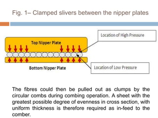 Fig. 1– Clamped slivers between the nipper plates
The fibres could then be pulled out as clumps by the
circular combs during combing operation. A sheet with the
greatest possible degree of evenness in cross section, with
uniform thickness is therefore required as in-feed to the
comber.
 