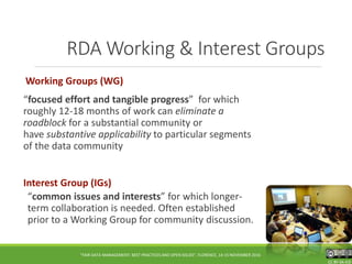 CC BY-SA 4.0CC BY-SA 4.0CC BY-SA 4.0
Working Groups (WG)
“focused effort and tangible progress” for which
roughly 12-18 months of work can eliminate a
roadblock for a substantial community or
have substantive applicability to particular segments
of the data community
Interest Group (IGs)
“common issues and interests” for which longer-
term collaboration is needed. Often established
prior to a Working Group for community discussion.
RDA Working & Interest Groups
"FAIR DATA MANAGEMENT: BEST PRACTICES AND OPEN ISSUES", FLORENCE, 14-15 NOVEMBER 2016
 