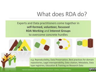 CC BY-SA 4.0CC BY-SA 4.0CC BY-SA 4.0
What does RDA do?
"FAIR DATA MANAGEMENT: BEST PRACTICES AND OPEN ISSUES", FLORENCE, 14-15 NOVEMBER 2016
Experts and Data practitioners come together in
self-formed, volunteer, focussed
RDA Working and Interest Groups
to overcome concrete hurdles
e.g. Reproducibility, Data Preservation, Best practices for domain
repositories, Legal interoperability, Data citation, Metadata, Data
type registries, Education & Training on Research Data
 