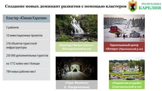 Создание новых доминант развития с помощью кластеров
Водопад «Белые мосты»
(Питкярантский р-он)
Горнолыжный центр
«Ялгора» (Прионежский р-он)
«Гора Филина»
(г. Лахденпохья)
«Ладожская усадьба»
(Сортавальский р-он)
РЕСПУБЛИКА
КАРЕЛИЯ
 