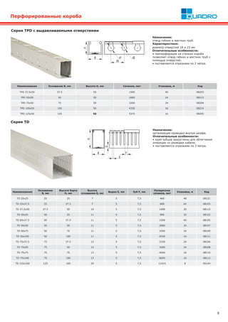 8
Перфорированные короба
Наименование
Основание
B, мм
Высота борта
H, мм
Высота
основания G, мм
Вырез E, мм Зуб F, мм
Поперечное
сечение, мм2
Упаковка, м Kод
TD 25x25 25 25 7 5 7,5 460 48 08121
TD 25x37,5 25 37.5 7 5 7,5 660 64 08103
TD 37,5x50 37.5 50 10 5 7,5 1490 20 08115
TD 50x25 50 25 11 5 7,5 990 32 08122
TD 50x37,5 50 37.5 11 5 7,5 1500 40 08105
TD 50x50 50 50 11 5 7,5 2060 24 08107
TD 50x75 50 75 11 5 7,5 3200 24 08109
TD 50x100 50 100 11 5 7,5 4330 16 08111
TD 75x37,5 75 37.5 13 5 7,5 2330 24 08106
TD 75x50 75 50 13 5 7,5 3200 24 08108
TD 75x75 75 75 13 5 7,5 4940 16 08110
TD 75x100 75 100 13 5 7,5 6650 16 08112
TD 125x100 125 100 20 5 7,5 11415 8 00144
Серия TD
Назначение:
организация проводки внутри шкафа.
Отличительные особенности:
• края зубцов закруглены для облегчения
операции по разводке кабеля;
• поставляются отрезками по 2 метра.
Наименование Основание B, мм Высота H, мм Сечение, мм2 Упаковка, м Kод
TPD 37,5x50 37.5 50 1500 40 08203
TPD 50x50 50 50 2060 24 08213
TPD 75x50 75 50 3200 24 08204
TPD 100x50 100 50 4330 16 08214
TPD 125x50 125 50 5370 16 08205
Назначение:
отвод гибких и жестких труб.
Характеристики:
диаметр отверстий 18 и 23 мм.
Отличительные особенности:
• преперфорация на стенках короба
позволяет отвод гибких и жестких труб с
помощью отверстий;
• поставляются отрезками по 2 метра.
Серия TPD с выдавливаемыми отверстиями
 