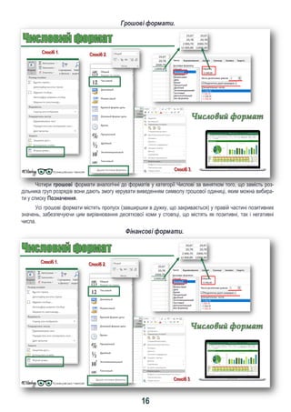 16
Грошові формати.
Чотири грошові формати аналогічні до форматів у категорії Числові за винятком того, що замість роз-
дільника груп розрядів вони дають змогу керувати виведенням символу грошової одиниці, яким можна вибира-
ти у списку Позначення.
Усі грошові формати містять пропуск (завширшки в дужку, що закривається) у правій частині позитивних
значень, забезпечуючи цим вирівнювання десяткової коми у стовпці, що містять як позитивні, так і негативні
числа.
Фінансові формати.
 