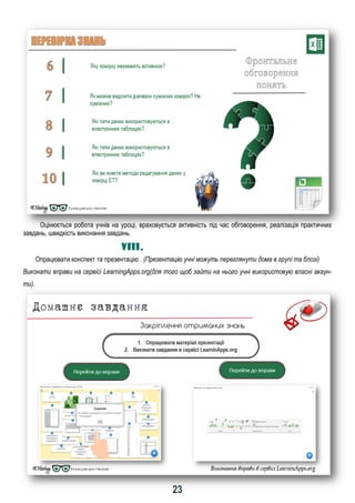 23
Оцінюється робота учнів на уроці, враховується активність під час обговорення, реалізація практичних
завдань, швидкість виконання завдань.
VIII. І І І ІІ І І ІІІ І ІІ І І
Опрацювати конспект та презентацію . (Презентацію учні можуть переглянути дома в групі та блозі)
Виконати вправи на сервісі LearningApps.org(для того щоб зайти на нього учні використовую власні акаун-
ти).
 