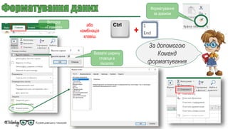 Вкладка
«Главная»
Вказати ширину
стовпця в
пікселях
або
комбінація
клавіш
+
За допомогою
Команд
форматування
Форматування
за зразком
 