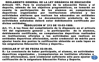 REGLAMENTO GENERAL DE LA LEY ORGÁNICA DE EDUCACIÓN
Artículo 101. Para la evaluación de la educación física y el
deporte, además de los objetivos programáticos, se tomarán en
cuenta la participación de los alumnos en competencias
deportivas organizadas por instituciones oficiales y las
actividades similares que realicen los educandos en entidades
deportivas aficionadas. La documentación probatoria de las
actividades señaladas deberá estar debidamente certificada por
dichas entidades.
RESOLUCION N° 213 DE 15-03-1989.
Art. 11. A los fines del cumplimiento de lo dispuesto en el artículo
101 del reglamento general , la participación de lo alumnos,
debidamente certificada, en competencias deportivas realizadas
en instituciones oficiales y las actividades que realicen en
entidades deportivas aficionadas, serán credencial de mérito para
ajustar hasta dos puntos la calificación obtenida en cada lapso en
las asignaturas Educación Física y deporte…
CIRCULAR N° 07 DE FECHA 02-06-89.
D.- La constancia de haber participado, el alumno, en actividades
deportivas organizadas , (competencias en institutos oficiales o
como aficionados), será credencial suficiente sólo para ajustar la
calificación de la asignatura Educación Física y Deporte.
GP
A
 