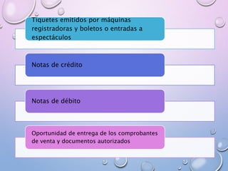 Tiquetes emitidos por máquinas
registradoras y boletos o entradas a
espectáculos
Notas de crédito
Notas de débito
Oportunidad de entrega de los comprobantes
de venta y documentos autorizados
 