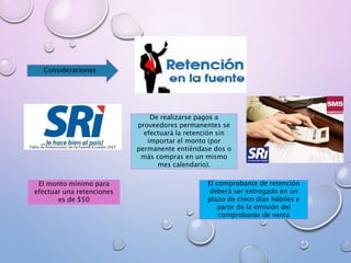 Consideraciones
El monto mínimo para
efectuar una retenciones
es de $50
De realizarse pagos a
proveedores permanentes se
efectuará la retención sin
importar el monto (por
permanente entiéndase dos o
más compras en un mismo
mes calendario).
El comprobante de retención
deberá ser entregado en un
plazo de cinco días hábiles a
partir de la emisión del
comprobante de venta
 