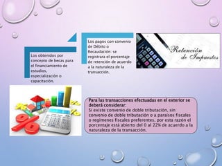 Los obtenidos por
concepto de becas para
el financiamiento de
estudios,
especialización o
capacitación.
Los pagos con convenio
de Débito o
Recaudación: se
registrara el porcentaje
de retención de acuerdo
a la naturaleza de la
transacción.
Para las transacciones efectuadas en el exterior se
deberá considerar:
Si existe convenio de doble tributación, sin
convenio de doble tributación o a paraísos fiscales
o regímenes fiscales preferentes, por esta razón el
porcentaje está abierto del 0 al 22% de acuerdo a la
naturaleza de la transacción.
 