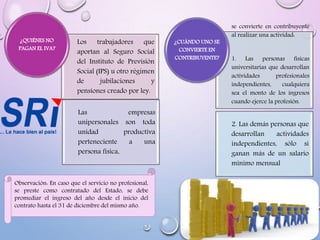 Los trabajadores que
aportan al Seguro Social
del Instituto de Previsión
Social (IPS) u otro régimen
de jubilaciones y
pensiones creado por ley.
Las empresas
unipersonales son toda
unidad productiva
perteneciente a una
persona física,
¿QUIÉNES NO
PAGAN EL IVA?
se convierte en contribuyente
al realizar una actividad:
1. Las personas físicas
universitarias que desarrollan
actividades profesionales
independientes, cualquiera
sea el monto de los ingresos
cuando ejerce la profesión.
2. Las demás personas que
desarrollan actividades
independientes, sólo si
ganan más de un salario
mínimo mensual
¿CUÁNDO UNO SE
CONVIERTE EN
CONTRIBUYENTE?
Observación: En caso que el servicio no profesional,
se preste como contratado del Estado, se debe
promediar el ingreso del año desde el inicio del
contrato hasta el 31 de diciembre del mismo año.
 
