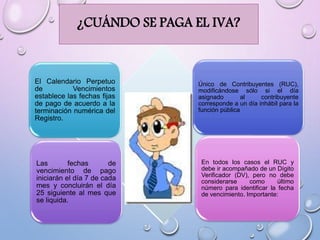 ¿CUÁNDO SE PAGA EL IVA?
El Calendario Perpetuo
de Vencimientos
establece las fechas fijas
de pago de acuerdo a la
terminación numérica del
Registro.
Único de Contribuyentes (RUC),
modificándose sólo si el día
asignado al contribuyente
corresponde a un día inhábil para la
función pública
Las fechas de
vencimiento de pago
iniciarán el día 7 de cada
mes y concluirán el día
25 siguiente al mes que
se liquida.
En todos los casos el RUC y
debe ir acompañado de un Dígito
Verificador (DV), pero no debe
considerarse como último
número para identificar la fecha
de vencimiento. Importante:
 