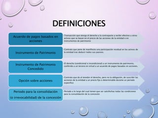 DEFINICIONES
•Transacción que otorga el derecho a la contraparte a recibir efectivo u otros
activos que se basan en el precio de las acciones de la entidad o en
instrumentos de patrimonio
Acuerdo de pagos basados en
acciones
•Contrato que pone de manifiesto una participación residual en los activos de
la entidad tras deducir todos sus pasivos.Instrumento de Patrimonio
•El derecho (condicional o incondicional) a un instrumento de patrimonio,
conferido a un tercero en virtud a un acuerdo de pagos basados en acciones.
Instrumento de Patrimonio
Concedido
•Contrato que da al tenedor el derecho, pero no la obligación, de suscribir las
acciones de la entidad a un precio fijo o determinable durante un periodo
especifico
Opción sobre acciones
•Periodo a lo largo del cual tienen que ser satisfechas todas las condiciones
para la consolidación de la concesión
Periodo para la consolidación
(o irrevocabilidad) de la concesión
 