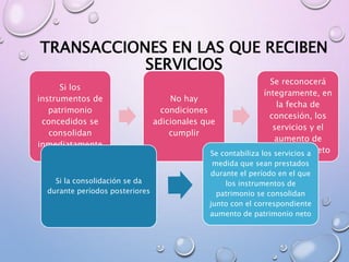 TRANSACCIONES EN LAS QUE RECIBEN
SERVICIOS
Si los
instrumentos de
patrimonio
concedidos se
consolidan
inmediatamente
No hay
condiciones
adicionales que
cumplir
Se reconocerá
íntegramente, en
la fecha de
concesión, los
servicios y el
aumento de
patrimonio neto
Si la consolidación se da
durante períodos posteriores
Se contabiliza los servicios a
medida que sean prestados
durante el período en el que
los instrumentos de
patrimonio se consolidan
junto con el correspondiente
aumento de patrimonio neto
 