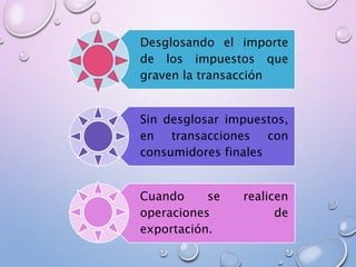 Desglosando el importe
de los impuestos que
graven la transacción
Sin desglosar impuestos,
en transacciones con
consumidores finales
Cuando se realicen
operaciones de
exportación.
 
