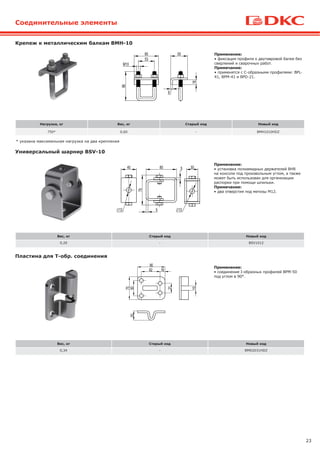 23
Нагрузка, кг Вес, кг Старый код Новый код
750* 0,60 - BMH1010HDZ
Крепеж к металлическим балкам BМH-10
Вес, кг Старый код Новый код
0,20 - BSV1012
Универсальный шарнир BSV-10
Применение:
• установка полиамидных держателей BHR
на консоли под произвольным углом, а также
может быть использован для организации
распорки при помощи шпильки.
Примечание:
• два отверстия под метизы M12.
Применение:
• фиксация профиля к двутавровой балке без
сверлений и сварочных работ.
Примечание:
• применятся с С-образными профилями: BPL-
41, BPM-41 и BPD-21.
* указана максимальная нагрузка на два крепления
Соединительные элементы
Вес, кг Старый код Новый код
0,34 - BMD2031HDZ
Пластина для Т-обр. соединения
Применение:
• соединение I-образных профилей BPM-50
под углом в 90°.
 