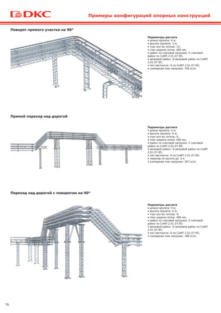 76
Примеры конфигураций опорных конструкций
Поворот прямого участка на 90°
Прямой переход над дорогой
Переход над дорогой с поворотом на 90°
Параметры расчета
• длина пролета: 6 м;
• высота пролета: 3 м;
• max кол-во лотков: 12;
• max ширина лотка: 600 мм;
• район по снеговой нагрузке: V снеговой
район по СнИП 2.01.07-85;
• ветровой район: II ветровой район по СнИП
2.01.07-85;
• тип местности: A по СнИП 2.01.07-85;
• суммарная max нагрузка: 356 кг/м.
Параметры расчета
• длина пролета: 6 м;
• высота пролета: 6 м;
• max кол-во лотков: 6;
• max ширина лотка: 600 мм;
• район по снеговой нагрузке: V снеговой
район по СнИП 2.01.07-85;
• ветровой район: II ветровой район по СнИП
2.01.07-85;
• тип местности: A по СнИП 2.01.07-85;
• перепад по высоте до: 6 м
• суммарная max нагрузка: 267 кг/м.
Параметры расчета
• длина пролета: 9 м;
• высота пролета: 6 м;
• max кол-во лотков: 4;
• max ширина лотка: 400 мм;
• район по снеговой нагрузке: V снеговой
район по СнИП 2.01.07-85;
• ветровой район: II ветровой район по СнИП
2.01.07-85;
• тип местности: A по СнИП 2.01.07-85;
• суммарная max нагрузка: 180 кг/м.
 