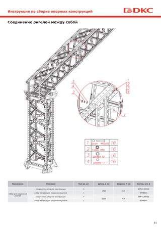 83
Инструкция по сборке опорных конструкций
Соединение ригелей между собой
Назначение Описание Кол-во, шт. Длина, L мм Ширина, H мм Состав, исп. 2
Набор для соединения
ригелей
соединитель опорной конструкции 4
1700 428
BPN4130HDZ
набор метизов для соединения ригеля 1 BTM8841
соединитель опорной конструкции 4
3200 428
BPN4130HDZ
набор метизов для соединения ригеля 1 BTM8841
 