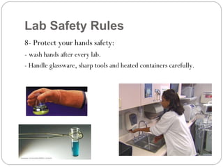 Lab Safety Rules
8- Protect your hands safety:
- wash hands after every lab.
- Handle glassware, sharp tools and heated containers carefully.
 