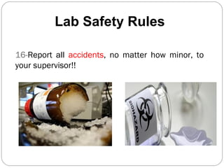 16-Report all accidents, no matter how minor, to
your supervisor!!
Lab Safety Rules
 