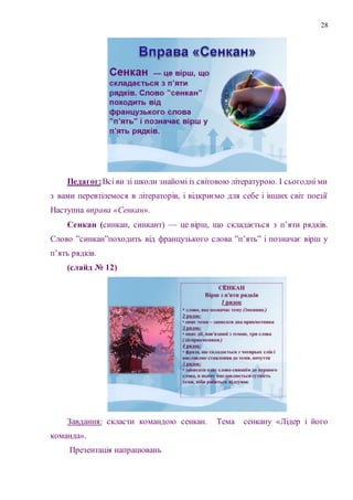 28
Педагог:Всі ви зі школи знайомі із світовою літературою. І сьогодні ми
з вами перевтілемося в літераторів, і відкриємо для себе і інших світ поезії
Наступна вправа «Сенкан».
Сенкан (синкан, синкант) — це вірш, що складається з п’яти рядків.
Слово ”синкан”походить від французького слова ”п’ять” і позначає вірш у
п’ять рядків.
(слайд № 12)
Завдання: скласти командою сенкан. Тема сенкану «Лідер і його
команда».
Презентація напрацювань
 