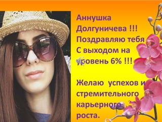 Аннушка
Долгуничева !!!
Поздравляю тебя
С выходом на
уровень 6% !!!
Желаю успехов и
стремительного
карьерного
роста.
 