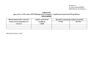 Додаток 2
до листа ДоноблІППО
№552/09 від 28.10.2016 р.
Інформація
про участь у І-ІІ етапах XVІІ Міжнародного конкурсу з української мови імені Петра Яцика
(місто, район)
Назва навчального закладу
(повна назва відповідно до
статуту)
Адреса, контактні
телефони,
e-mail
Кількість охоплених учнів (студентів)
І етап ІІ етап
Начальник відділу освіт
 