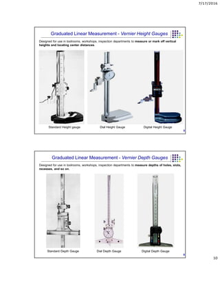 7/17/2016
10
Designed for use in toolrooms, workshops, inspection departments to measure or mark off vertical
heights and locating center distances.
Standard Height gauge Dial Height Gauge Digital Height Gauge
5
Graduated Linear Measurement - Vernier Height Gauges
Designed for use in toolrooms, workshops, inspection departments to measure depths of holes, slots,
recesses, and so on.
Standard Depth Gauge Dial Depth Gauge Digital Depth Gauge
6
Graduated Linear Measurement - Vernier Depth Gauges
 