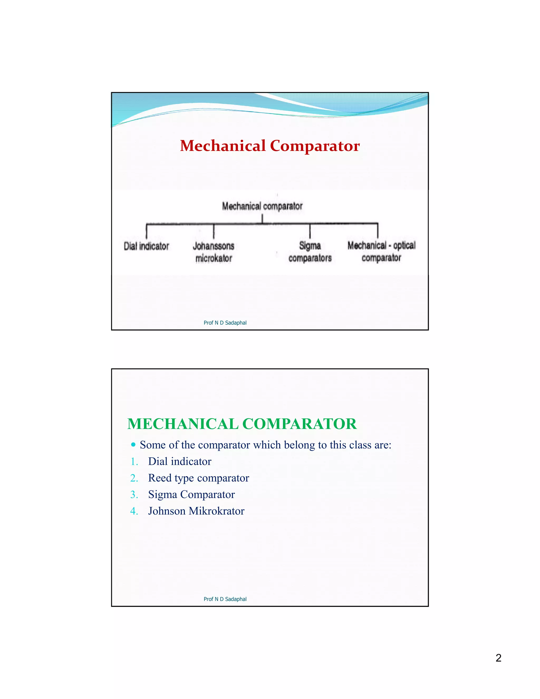 2
Prof N D Sadaphal
Mechanical Comparator
MECHANICAL COMPARATOR
 Some of the comparator which belong to this class are:
1. Dial indicator
2. Reed type comparator
3. Sigma Comparator
4. Johnson Mikrokrator
Prof N D Sadaphal
 