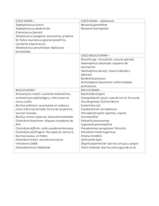 COCO GRAM + COCO GRAM − (diplococo)
Staphylococcus aureus
Staphylococcus epidermidis
Enterococcus faecalis
Streptococcus pyogenes: escarlatina, proteína
M, fiebre reumática y glomerulonefritis,
resistente a bacitracina.
Streptococcus pneumoniae: diplococos
lanceolados
Neisseria gonorrheae
Neisseria meningitidis
COCO-BACILO GRAM –
Brucella spp: intracelular, vacunar ganado.
Haemophilus influenzae: esquema de
vacunación
Haemophilus ducreyi: chancro blando y
doloroso
Bordetella pertussis
Acinetobacter baumannii: enfermedades
pulmonares.
BACILO GRAM + BACILO GRAM −
Actinomyces israelii: aumento mediastínico,
actinomicosis odontológico, infecciones en
cara y cuello.
Bacillus anthracis: se presenta en cadena y
como vidrio esmerilado, forma de serpentina,
vacunar Ganado.
Bacillus cereus: esporula, toxina termoestable.
Clostridium botulinum: bloquea receptores de
ACh
Clostridium difficile: colitis seudomembranosa
Clostridium perfringens: No esporula, toxina ꭤ,
diarrea acuosa, sin fiebre.
Clostridium tetani: neurotransmisores
inhibidores GABA
Corynebacterium diphteriae
Bacteroides fragilis
Campylobacter jejuni: aves de corral, forma de
alas de gaviota, Guillian Barré.
Escherichia coli:
Fusobacterium necrophorum
Helicobacter pylori: gastritis, espiral,
microaerófilo.
Klebsiella pneumoniae
Legionella pneumophilia
Pseudomonas aeruginosa: foliculitis
Prevotella melaninogenicus
Proteus mirabilis
Salmonella typhi
Shigella dysenteriae: diarrea con pus y sangre
Vibrio cholerae: diarrea como agua de arroz
 
