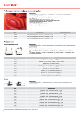 4
Полный ассортимент продукции ДКС смотрите на сайте: www.dkc.ru
Аксессуары
Код Наименование
51016 Держатель для труб (клипса), Ø 16 мм
51316 Держатель для труб (клипса), Ø 16 мм + дюбель с винтом
51020 Держатель для труб (клипса), Ø 20 мм
51320 Держатель для труб (клипса), Ø 20 мм + дюбель с винтом
51025 Держатель для труб (клипса), Ø 25 мм
51032 Держатель для труб (клипса), Ø 32 мм
51116 Держатель для труб двухкомпонентный, Ø 16 мм
51120 Держатель для труб двухкомпонентный, Ø 20 мм
51125 Держатель для труб двухкомпонентный, Ø 25 мм
51200 Держатель для труб с хомутиком, Ø 16–32 мм
Держатели для труб
Код Наименование
53354 Скоба креп. метал. оцинкованная двухлап. Ø 16 мм
53355 Скоба креп. метал. оцинкованная двухлап. Ø 20 мм
53356 Скоба креп. метал. оцинкованная двухлап. Ø 22 мм
53357 Скоба креп. метал. оцинкованная двухлап. Ø 26 мм
53359 Скоба креп. метал. оцинкованная двухлап. Ø 32 мм
53339 Скоба креп. метал. оцинкованная однолап. Ø 10–11 мм
53340 Скоба креп. метал. оцинкованная однолап. Ø 12–13 мм
53341 Скоба креп. метал. оцинкованная однолап. Ø 16–17 мм
53342 Скоба креп. метал. оцинкованная однолап. Ø 19–20 мм
53343 Скоба креп. метал. оцинкованная однолап. Ø 21–22 мм
53344 Скоба креп. метал. оцинкованная однолап. Ø 25–26 мм
53346 Скоба креп. метал. оцинкованная однолап. Ø 31–32 мм
Скобы
Применение:
• крепление пластиковых жестких, гофрированных и водопроводных труб в помещениях и на
фасадах зданий.
Преимущества:
• возможно крепление строительным пистолетом;
• держатели разного диаметра стыкуются между собой с помощью крепления "Ласточкин
хвост";
• эластичный материал исключает потрескивание при прикручивании и отламывание лапок
при монтаже/демонтаже.
Применение:
• крепление пластиковых и металлических труб к потолку, стенам и полам внутри и на
фасадах зданий.
Гибкие двустенные гофрированные трубы
Код Наименование Кол-во в упаковке, м
121950 Труба ПНД гофрированная двустенная c протяжкой, Ø 50 мм 100
121963 Труба ПНД гофрированная двустенная c протяжкой, Ø 63 мм 50
121990 Труба ПНД гофрированная двустенная c протяжкой, Ø 90 мм 50
Применение:
• защита электрических, телефонных, компьютерных и телевизионных проводов при
прокладке в грунте и бетоне.
• отведение талой и дождевой воды от фундаментов, дорог и газонов.
Преимущества:
• легче асбестоцементных и металлических труб;
• не ломаются и не крошатся при транспортировке и монтаже;
• низкие требования к выравниванию траншеи;
• срок службы более 50 лет;
• допускается прокладка под дорогами;
• соединительная муфта в комплекте.
 