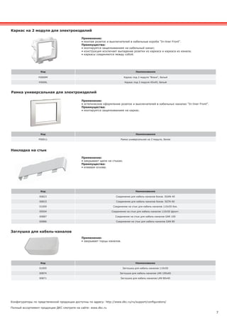 7
Полный ассортимент продукции ДКС смотрите на сайте: www.dkc.ru
Накладка на стык
Код Наименование
00823 Соединение для кабель-каналов боков. SGAN 40
00833 Соединение для кабель-каналов боков. SGTA 60
01009 Соединение на стык для кабель-каналов 110х50 бок.
09504 Соединение на стык для кабель-каналов 110х50 фронт.
00887 Соединение на стык для кабель-каналов GAN 100
00886 Соединение на стык для кабель-каналов GAN 80
Код Наименование
F0000M Каркас под 2 модуля "Brava", белый
F0000L Каркас под 2 модуля 45х45, белый
Каркас на 2 модуля для электроизделий
Конфигураторы по предствленной продукции доступны по адресу: http://www.dkc.ru/ru/support/configurators/
Заглушка для кабель-каналов
Код Наименование
01005 Заглушка для кабель-каналов 110х50
00874 Заглушка для кабель-каналов LAN 100х60
00871 Заглушка для кабель-каналов LAN 80х40
Рамка универсальная для электроизделий
Код Наименование
F00011 Рамка универсальная на 2 модуля, белая
Применение:
• закрывают щели на стыках.
Преимущества:
• клеевая основа.
Применение:
• закрывает торцы каналов.
Применение:
• эстетическое оформление розеток и выключателей в кабельных каналах "In-liner Front".
Преимущества:
• монтируется защелкиванием на каркас.
Применение:
• монтаж розеток и выключателей в кабельные короба "In-liner Front".
Преимущества:
• монтируется защелкиванием на кабельный канал;
• конструкция исключает выпадение розетки из каркаса и каркаса из канала;
• каркасы соединяются между собой.
 