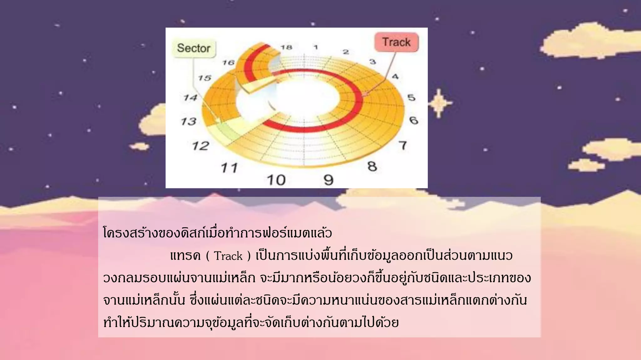 โครงสร้ำงของดิสก์เมื่อทำกำรฟอร์แมตแล้ว
แทรค ( Track ) เป็นกำรแบ่งพื้นที่เก็บข้อมูลออกเป็นส่วนตำมแนว
วงกลมรอบแผ่นจำนแม่เหล็ก จะมีมำกหรือน้อยวงก็ขึ้นอยู่กับชนิดและประเภทของ
จำนแม่เหล็กนั้น ซึ่งแผ่นแต่ละชนิดจะมีควำมหนำแน่นของสำรแม่เหล็กแตกต่ำงกัน
ทำให้ปริมำณควำมจุข้อมูลที่จะจัดเก็บต่ำงกันตำมไปด้วย
 
