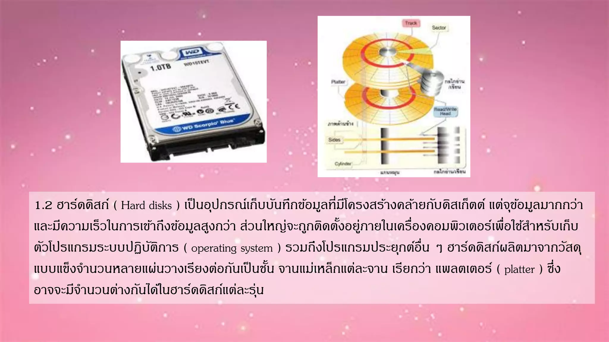 1.2 ฮำร์ดดิสก์ ( Hard disks ) เป็นอุปกรณ์เก็บบันทึกข้อมูลที่มีโครงสร้ำงคล้ำยกับดิสเก็ตต์ แต่จุข้อมูลมำกกว่ำ
และมีควำมเร็วในกำรเข้ำถึงข้อมูลสูงกว่ำ ส่วนใหญ่จะถูกติดตั้งอยู่ภำยในเครื่องคอมพิวเตอร์เพื่อใช้สำหรับเก็บ
ตัวโปรแกรมระบบปฏิบัติกำร ( operating system ) รวมถึงโปรแกรมประยุกต์อื่น ๆ ฮำร์ดดิสก์ผลิตมำจำกวัสดุ
แบบแข็งจำนวนหลำยแผ่นวำงเรียงต่อกันเป็นชั้น จำนแม่เหล็กแต่ละจำน เรียกว่ำ แพลตเตอร์ ( platter ) ซึ่ง
อำจจะมีจำนวนต่ำงกันได้ในฮำร์ดดิสก์แต่ละรุ่น
 