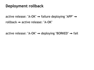 active release: "A-OK" failure deploying "APP"➙ ➙
rollback active release: "A-OK"➙
active release: "A-OK" deploying "BORKED" fail➙ ➙
Deployment rollback
 