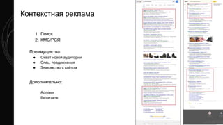 Контекстная реклама
1. Поиск
2. КМС/РСЯ
Преимущества:
● Охват новой аудитории
● Спец. предложения
● Знакомство с сайтом
Дополнительно:
Admixer
Вконтакте
 