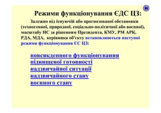 Режими функціонування ЄДС ЦЗ:
Залежно від існуючій або прогнозованої обстановки
(техногенної, природної, соціально-політичної або воєнної),
масштабу НС за рішенням Президента, КМУ, РМ АРК,
РДА, МДА, керівника об'єкту встановлюються наступні
режими функціонування ЄС ЦЗ:
повсякденного функціонування
підвищеної готовності
надзвичайної ситуації
надзвичайного стану
воєнного стану
14
 