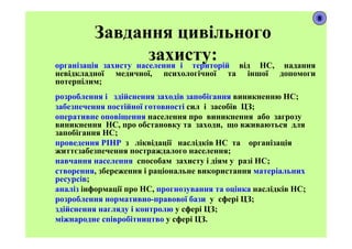Завдання цивільного
захисту:організація захисту населення і територій від НС, надання
невідкладної медичної, психологічної та іншої допомоги
потерпілим;
розроблення і здійснення заходів запобігання виникненню НС;
забезпечення постійної готовності сил і засобів ЦЗ;
оперативне оповіщення населення про виникнення або загрозу
виникнення НС, про обстановку та заходи, що вживаються для
запобігання НС;
проведення РІНР з ліквідації наслідків НС та організація
життєзабезпечення постраждалого населення;
навчання населення способам захисту і діям у разі НС;
створення, збереження і раціональне використання матеріальних
ресурсів;
аналіз інформації про НС, прогнозування та оцінка наслідків НС;
розроблення нормативно-правової бази у сфері ЦЗ;
здійснення нагляду і контролю у сфері ЦЗ;
міжнародне співробітництво у сфері ЦЗ.
8
 