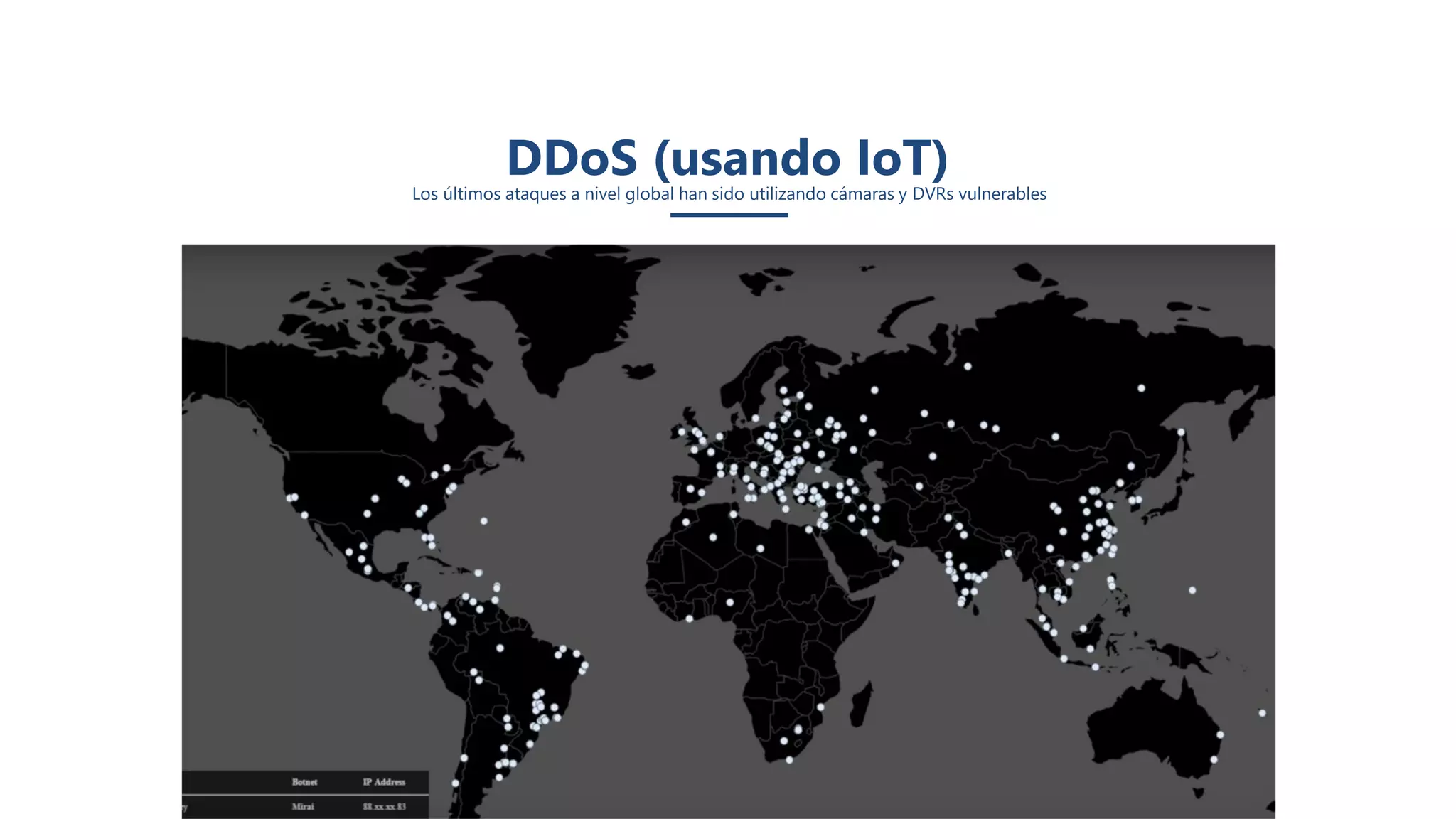 DDoS (usando IoT)Los últimos ataques a nivel global han sido utilizando cámaras y DVRs vulnerables
 