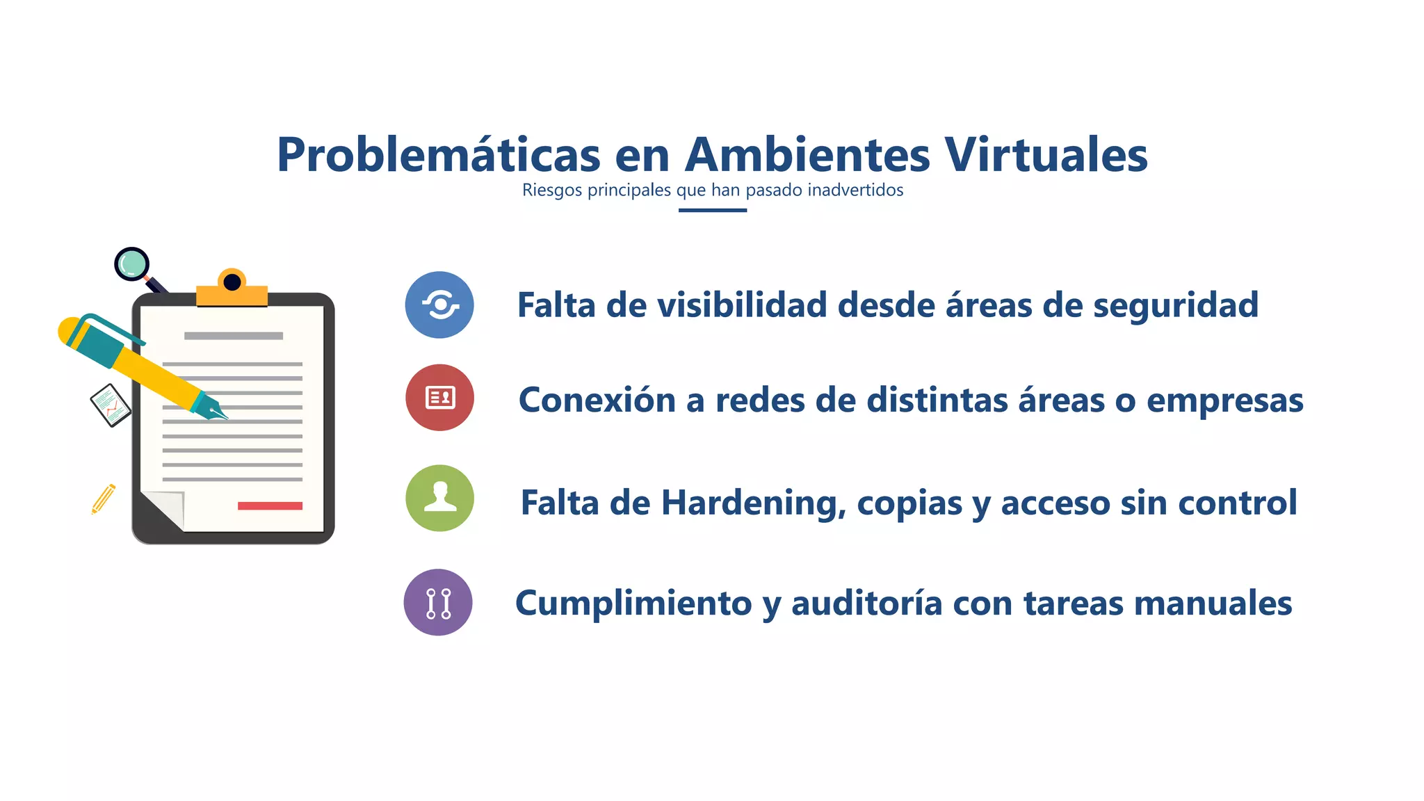 Problemáticas en Ambientes Virtuales
Riesgos principales que han pasado inadvertidos
Cumplimiento y auditoría con tareas manuales
Falta de visibilidad desde áreas de seguridad
Conexión a redes de distintas áreas o empresas
Falta de Hardening, copias y acceso sin control
 