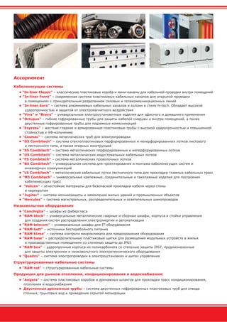 Ассортимент
Кабеленесущие системы
• "In-liner Classic" – классические пластиковые короба и мини-каналы для кабельной проводки внутри помещений
• "In-liner Front" – современная система пластиковых кабельных каналов для открытой проводки
в помещениях с принудительным разделением силовых и телекоммуникационных линий
• "In-liner Aero" – система алюминиевых кабельных каналов и колонн в стиле hi-tech. Обладает высокой
ударопрочностью и защитой от электромагнитного воздействия
• "Viva" и "Brava" – универсальные электроустановочные изделия для офисного и домашнего применения
• "Octopus" – гибкие гофрированные трубы для защиты кабелей снаружи и внутри помещений, а также
двустенные гофрированные трубы для подземных коммуникаций
• "Express" – жесткие гладкие и армированные пластиковые трубы с высокой ударопрочностью и повышенной
стойкостью к УФ-излучению
• "Cosmec" – система металлических труб для электропроводки
• "G5 Combitech" – система стеклопластиковых перфорированных и неперфорированных лотков листового
и лестничного типа, а также опорных конструкций
• "S5 Combitech" – система металлических перфорированных и неперфорированных лотков
• "U5 Combitech" – система металлических индустриальных кабельных лотков
• "F5 Combitech" – система металлических проволочных лотков
• "B5 Combitech" – универсальная система для проектирования и монтажа кабеленесущих систем и
инженерных коммуникаций
• "L5 Combitech" – металлические кабельные лотки лестничного типа для прокладки тяжелых кабельных трасс
• "M5 Combitech" – универсальные крепежные, соединительные и такелажные изделия для построения
кабеленесущих трасс
• "Vulcan" – огнестойкие материалы для безопасной прокладки кабеля через стены
и перекрытия
• "Jupiter" – система молниезащиты и заземления жилых зданий и промышленных объектов
• "Hercules" – система магистральных, распределительных и осветительных шинопроводов
Низковольтное оборудование
• "Conchiglia" – шкафы из фибергласа
• "RAM block" – универсальные металлические сварные и сборные шкафы, корпуса и стойки управления
для создания систем распределения электроэнергии и автоматизации
• "RAM telecom" – универсальные шкафы для IT-оборудования
• "RAM batt" – источники бесперебойного питания
• "RAM klima" – система контроля микроклимата для предохранения оборудования
• "RAM base" – распределительные пластиковые щитки для размещения модульных устройств в жилых
и производственных помещениях со степенью защиты до IP65
• "RAM box" – ударопрочные корпуса из поликарбоната со степенью защиты IP67, предназначенные
для защиты электроники и низковольтного электротехнического оборудования
• "Quadro" – система электропроводки в электроустановках и щитах управления
Структурированные кабельные системы
• "RAM net" – структурированные кабельные системы
Продукция для рынков отопления, кондиционирования и водоснабжения:
• "Angara" – система пластиковых коробов и дренажных шлангов для прокладки трасс кондиционирования,
отопления и водоснабжения
• Двустенные дренажные трубы – система двустенных гофрированных пластиковых труб для отвода
сточных, грунтовых вод и проведения скрытой мелиорации
 