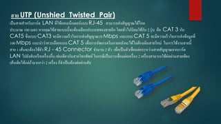 สาย UTP (Unshied Twisted Pair)
เป็นสำยสำหรับกำร์ด LAN ที่ใช้คอนเน็กเตอร์แบบ RJ-45 สำมำรถส่งสัญญำณได้ไกล
ประมำณ 100 เมตร หำกคุณใข้สำยแบบนี้จะต้องเลือกประเภทของสำยอีกโดยทั่วไปนิยมใช้กัน 2 รุ่น คือ CAT 3 กับ
CAT5 ซึ่งแบบ CAT3 จะมีควำมเร็วในกำรส่งสัญญำณ10 Mbps และแบบ CAT 5 จะมีควำมเร็วในกำรส่งข้อมูลที่
100 Mbps แนะนำว่ำควรเลือกแบบ CAT 5 เพื่อกำรอัพเกรดในภำยหลังจะได้ไม่ต้องเดินสำยใหม่ ในกำรใช้งำนสำยนี้
สำย 1 เส้นจะต้องใช้ตัว RJ - 45 Connector จำนวน 2 ตัว เพื่อเป็นตัวเชื่อมต่อระหว่ำงสำยสัญญำณจำกกำร์ด
LAN ไปยังฮับหรือเครื่องอื่น เช่นเดียวกับสำยโทรศัพท์ในกรณีเป็นกำรเชื่อมต่อเครื่อง 2 เครื่องสำมำรถใช้ต่อผ่ำนสำยเพียง
เส้นเดียได้แต่ถ้ำมำกกว่ำ 2 เครื่อง ก็จำเป็นต้องต่อผ่ำนฮับ
 