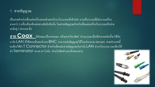 7. สำยสัญญำณ
เป็นสำยสำหรับเชื่อมต่อเครื่องคอมพิวเตอร์ต่ำงๆในระบบเข้ำด้วยกัน หำกเป็นระบบที่มีจำนวนเครื่อง
มำกกว่ำ 2 เครื่องก็จะต้องต่อผ่ำนฮับอีกทีหนึ่ง โดยสำยสัญญำณสำหรับเชื่อมต่อเครื่องในระบบเครือข่ำย
จะมีอยู่ 2 ประเภท คือ
สาย Coax มีลักษณะเป็นสำยกลม คล้ำยสำยโทรทัศน์ ส่วนมำกจะเป็นสีดำสำยชนิดนี้จะใช้กับ
กำร์ด LAN ที่ใช้คอนเน็กเตอร์แบบ BNC สำมำรถส่งสัญญำณได้ไกลประมำณ 200 เมตร สำยประเภทนี้
จะต้องใช้ตัว T Connector สำหรับเชื่อมต่อสำยสัญญำณกับกำร์ด LAN ต่ำงๆในระบบ และต้องใช้
ตัว Terminator ขนำด 50 โอห์ม สำหรับปิดหัวและท้ำยของสำย
 
