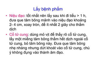 Lấy bệnh phẩm
• Niệu đạo: tốt nhất nên lấy sau khi đi tiểu > 1 h,
đưa que tăm bông mảnh vào niệu đạo khoảng
2- 4 cm, xoay tròn, để ít nhất 2 giây cho thấm
dịch
• Cổ tử cung: dùng mỏ vịt để thấy rõ cổ tử cung,
lấy một miếng tăm bông thấm hết dịch ngoài cổ
tử cung, bỏ tăm bông này. Đưa que tăm bông
nhẹ nhàng nhưng dứt khoát vào cổ tử cung, chú
ý không đụng vào thành âm đạo.
 