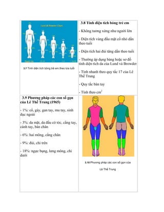 3.7 Tính diện tích bỏng trẻ em theo lứa tuổi
3.8 Tính diện tích bỏng trẻ em
- Không tương xứng như người lớn
- Diện tích vùng đầu mặt cổ nhỏ dần
theo tuổi
- Diện tích hai đùi tăng dần theo tuổi
- Thường áp dụng bảng hoặc sơ đồ
tính diện tích da của Lund và Browder
- Tính nhanh theo quy tắc 17 của Lê
Thế Trung
- Quy tắc bàn tay
- Tính theo cm2
3.9 Phương pháp các con số gọn
của Lê Thế Trung (1965)
- 1%: cổ, gáy, gan tay, mu tay, sinh
dục ngoài
- 3%: da mặt, da đầu có tóc, cẳng tay,
cánh tay, bàn chân
- 6%: hai mông, cẳng chân
- 9%: đùi, chi trên
- 18%: ngực bụng, lưng mông, chi
dưới
3.10 Phương pháp các con số gọn của
Lê Thế Trung
 