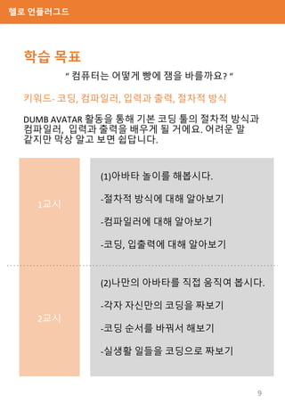 헬로 언플러그드
학습 목표
“ 컴퓨터는 어떻게 빵에 잼을 바를까요? “
키워드- 코딩, 컴파일러, 입력과 출력, 절차적 방식
DUMB AVATAR 활동을 통해 기본 코딩 툴의 절차적 방식과
컴파일러, 입력과 출력을 배우게 될 거에요. 어려운 말
같지만 막상 알고 보면 쉽답니다.
1교시
2교시
(1)아바타 놀이를 해봅시다.
-절차적 방식에 대해 알아보기
-컴파일러에 대해 알아보기
-코딩, 입출력에 대해 알아보기
(2)나만의 아바타를 직접 움직여 봅시다.
-각자 자신만의 코딩을 짜보기
-코딩 순서를 바꿔서 해보기
-실생활 일들을 코딩으로 짜보기
9
 