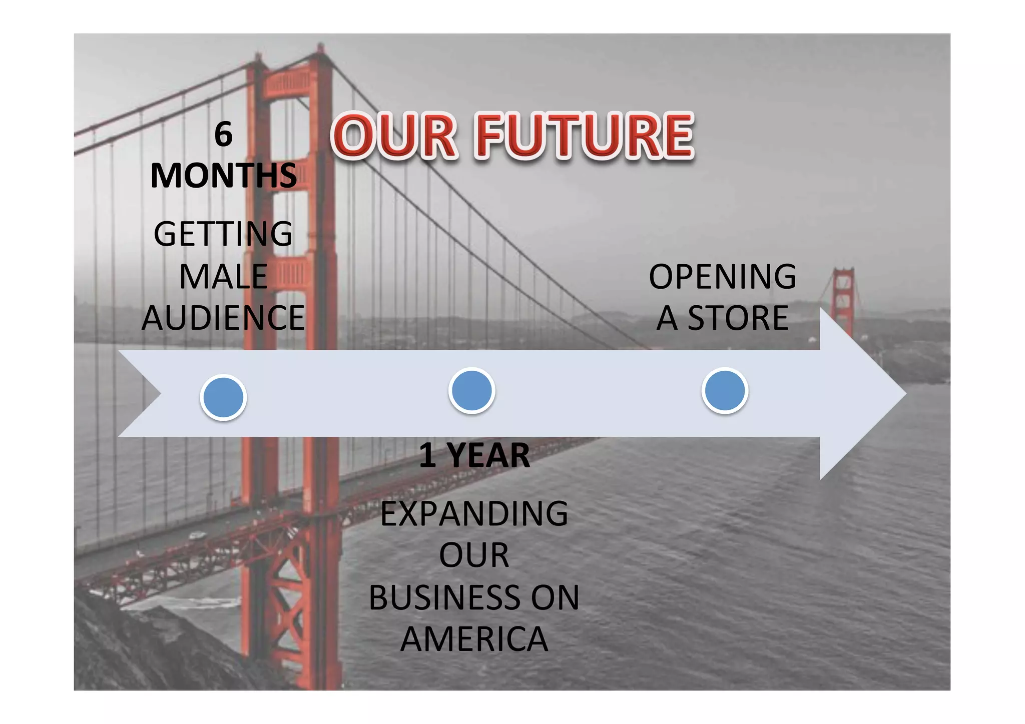 6
MONTHS
GETTING
MALE
AUDIENCE
1
YEAR
EXPANDING
OUR
BUSINESS
ON
AMERICA
OPENING
A
STORE