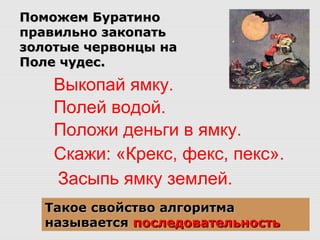 Поможем БуратиноПоможем Буратино
правильно закопатьправильно закопать
золотые червонцы назолотые червонцы на
Поле чудес.Поле чудес.
Выкопай ямку.
Положи деньги в ямку.
Засыпь ямку землей.
Полей водой.
Скажи: «Крекс, фекс, пекс».
Такое свойство алгоритмаТакое свойство алгоритма
называетсяназывается последовательностьпоследовательность
 
